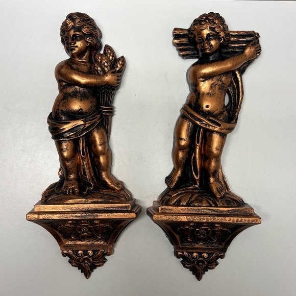 Set of 2 vintage Coppercraft Guild Syroco Cherub wall sconces - Picture 1 of 11